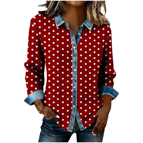 Dazajoo Women's Casual Button-Down Long Sleeve Shirts Cute Polka Dot Print Waffle Knit Shacket Casual Lapel Collar Sweatshirts with Denim Trim,Wine,XL