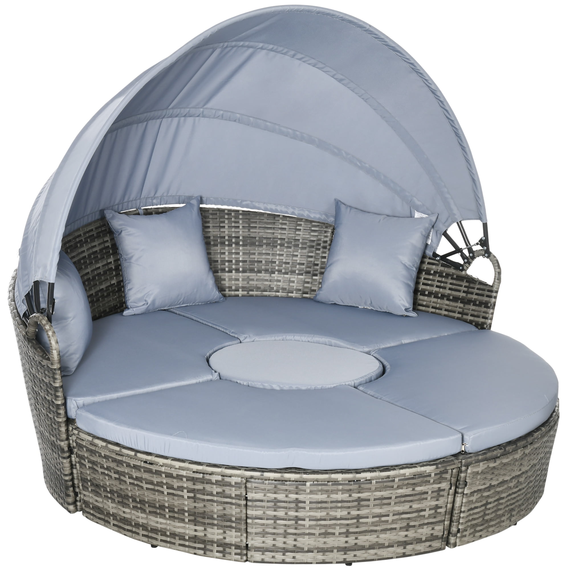 Outsunny 4pc Rattan Patio Furniture Set, Sectional Outdoor Sofa Set with Adjustable Sun Canopy, 2 Chairs, Extending Tea Table, Pillows, Light Gray