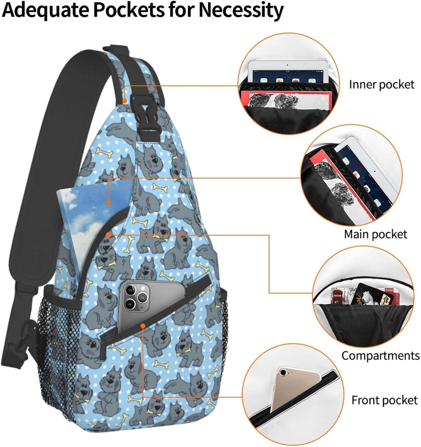 Cute Dog Of Schnauzer Animal Pattern Sling Bag Crossbody Hiking Travel Chest Bags Backpack Shoulder Daypack for Women Men