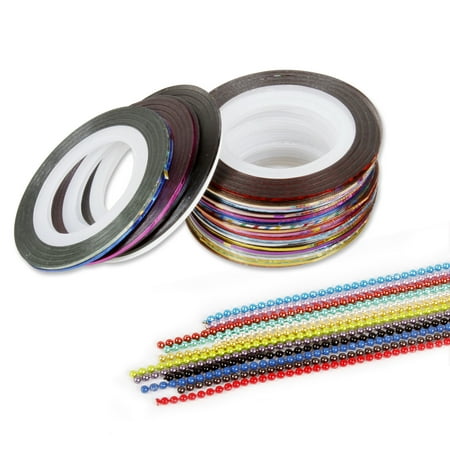 Plastic Strip Nails (BMC Mixed Color Nail Art Decoration Tape Sticker Holograph Decal Strips Wheel + 1 mm Bead Chains)