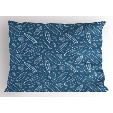 Ambesonne Surfboard Pillow Sham, Ocean Waves Doodle, 26" X 20", Blue White