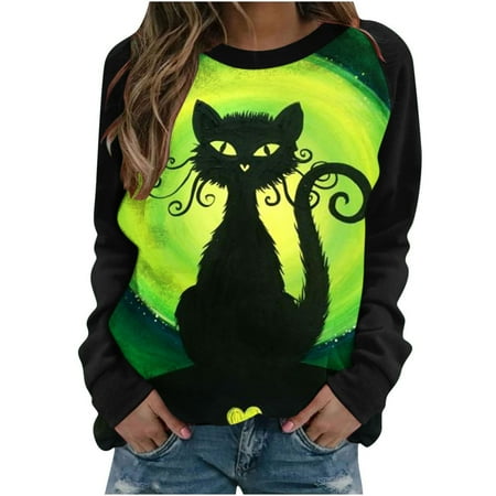 

Women Cute Cat Printed Round Neck Long Sleeve Sweatshirt Pullover Tops Halloween Casual Casual Plus Size Oversize Loose Patchwork Shirt Blouse