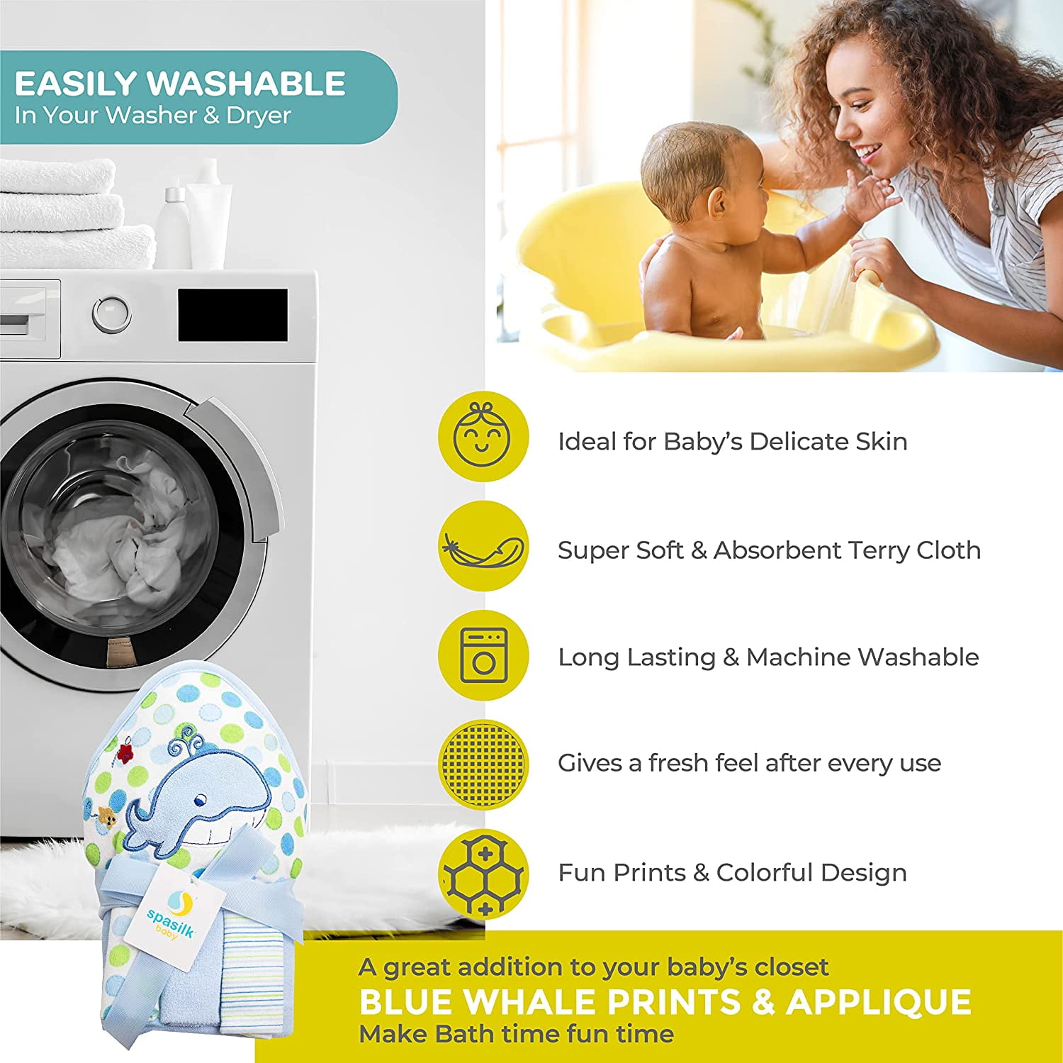 Spasilk Baby 1 Hooded Terry Towel & 3 Washcloths Set for Baby Boys, Blue Whale