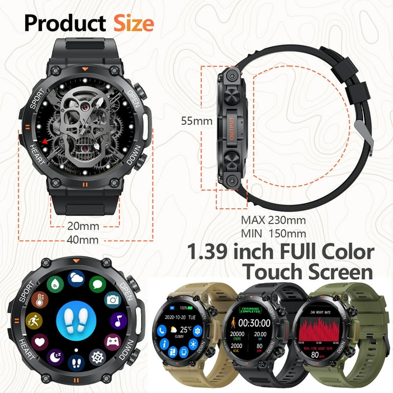 Cyberdyer K56Pro Military Smart Watch for Men Outdoor Tactical Sports  Smartwatch 5ATM Waterproof Rugged 1.39 Inch HD Big Screen Fitness Tracker-  Black 