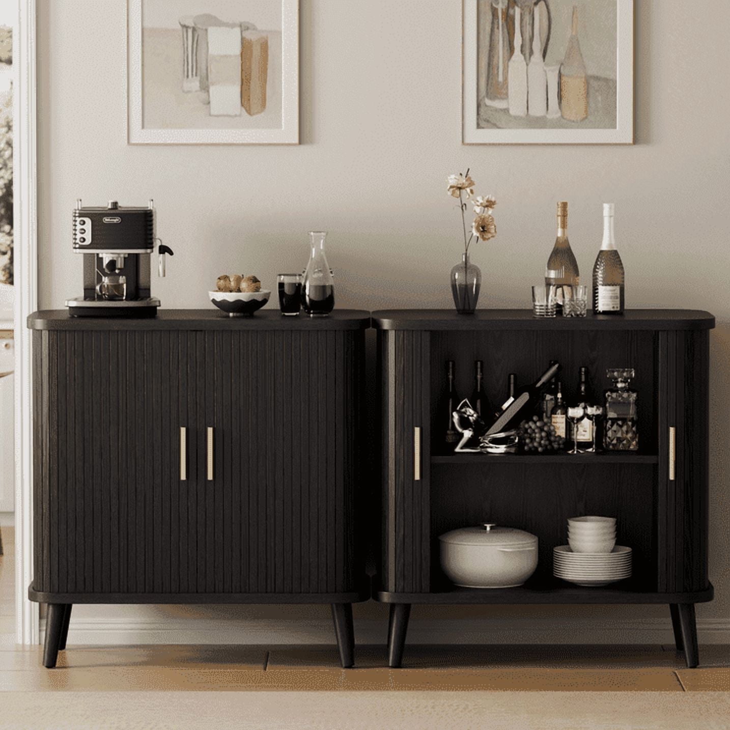 Laintene Buffet Cabinet with Storage, 31" Kitchen Sideboard with 2 Sliding Tambour Doors, Fluted Storage Cabinet with Adjustable Shelves, Entryway Cabinet for Living Room, Black
