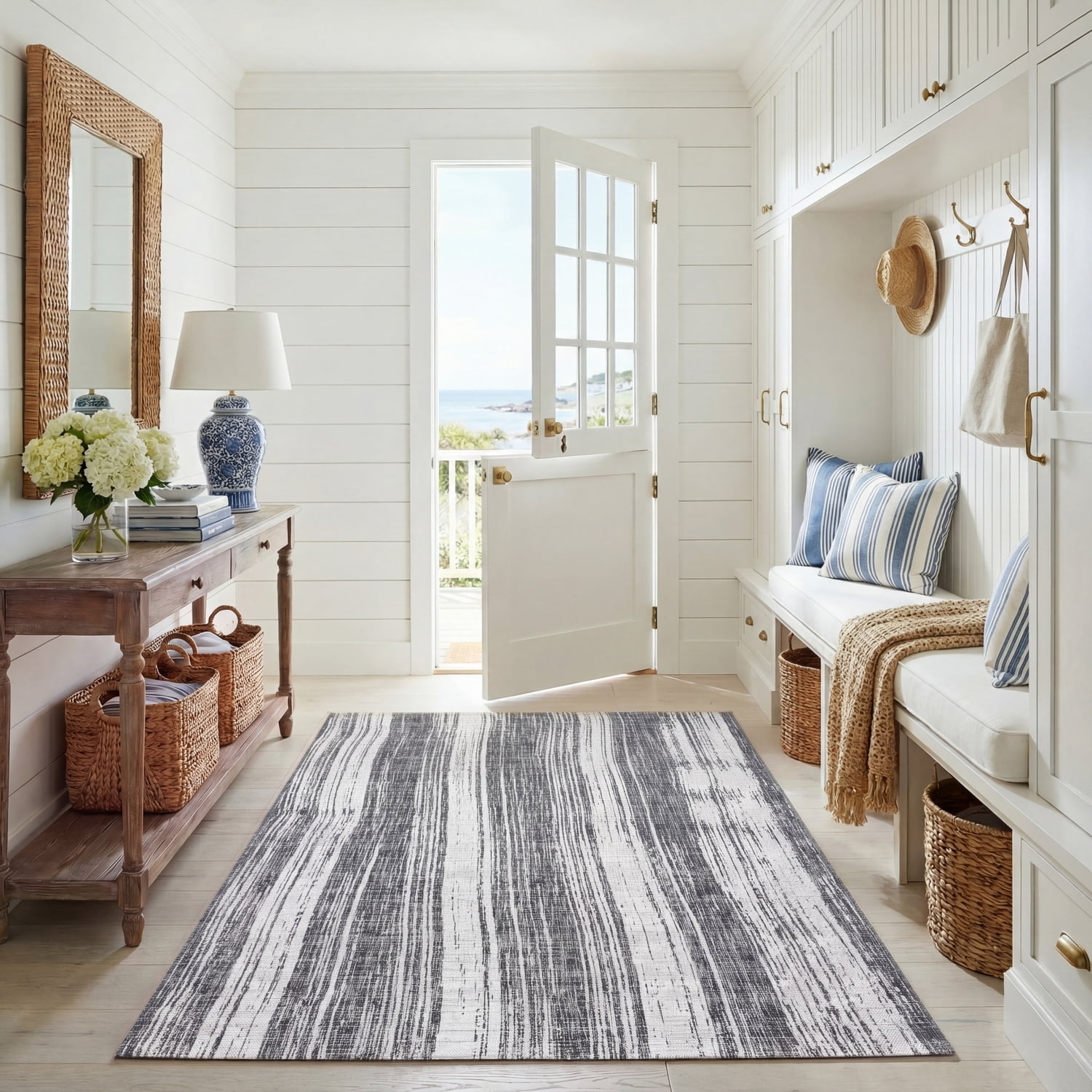SAFAVIEH Courtyard John Striped Indoor/Outdoor Area Rug, Black/Grey, 5'5" x 7'7"