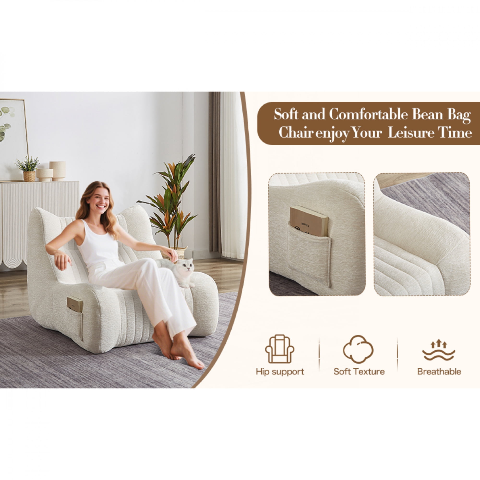 Oversized Bean Bag Chair with Armrests for Adults - Comfy Lazy Floor Accent Sofa for Living Room,Bedroom,White