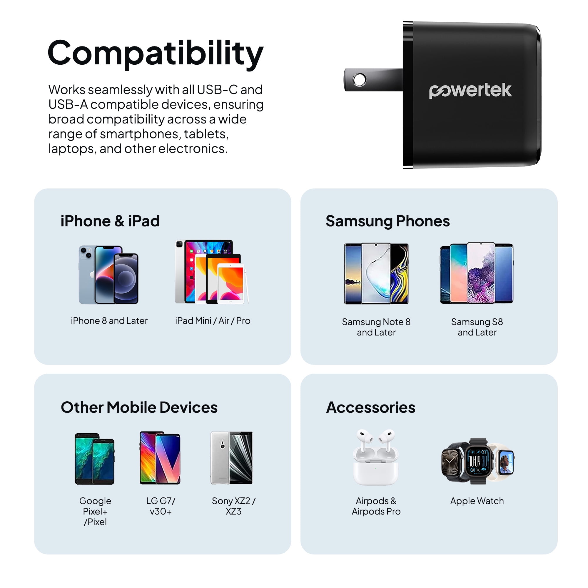 Powertek 20W USB-C PD + USB-A Dual Port Wall Charger, Carbon Design, Black