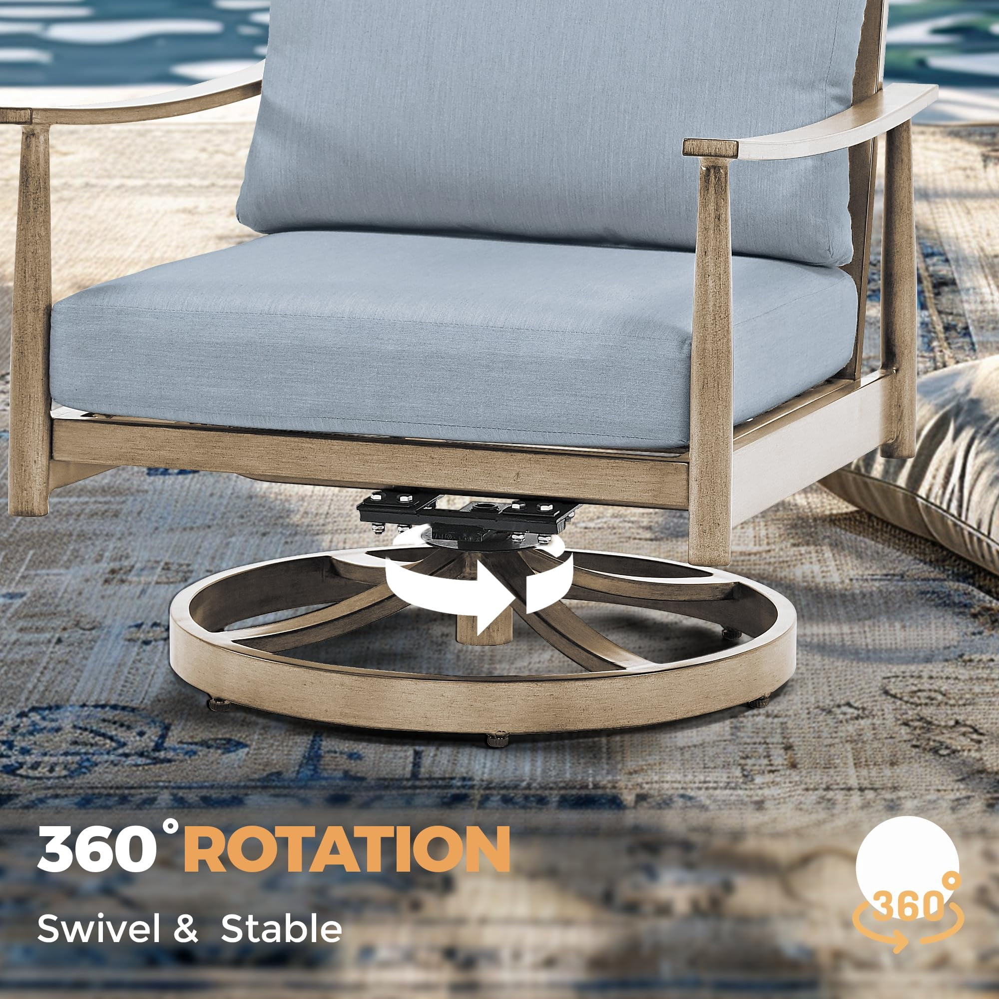 Aluminum Outdoor Patio Swivel Sofa Chair with Thick Cushion and Rope Backrest