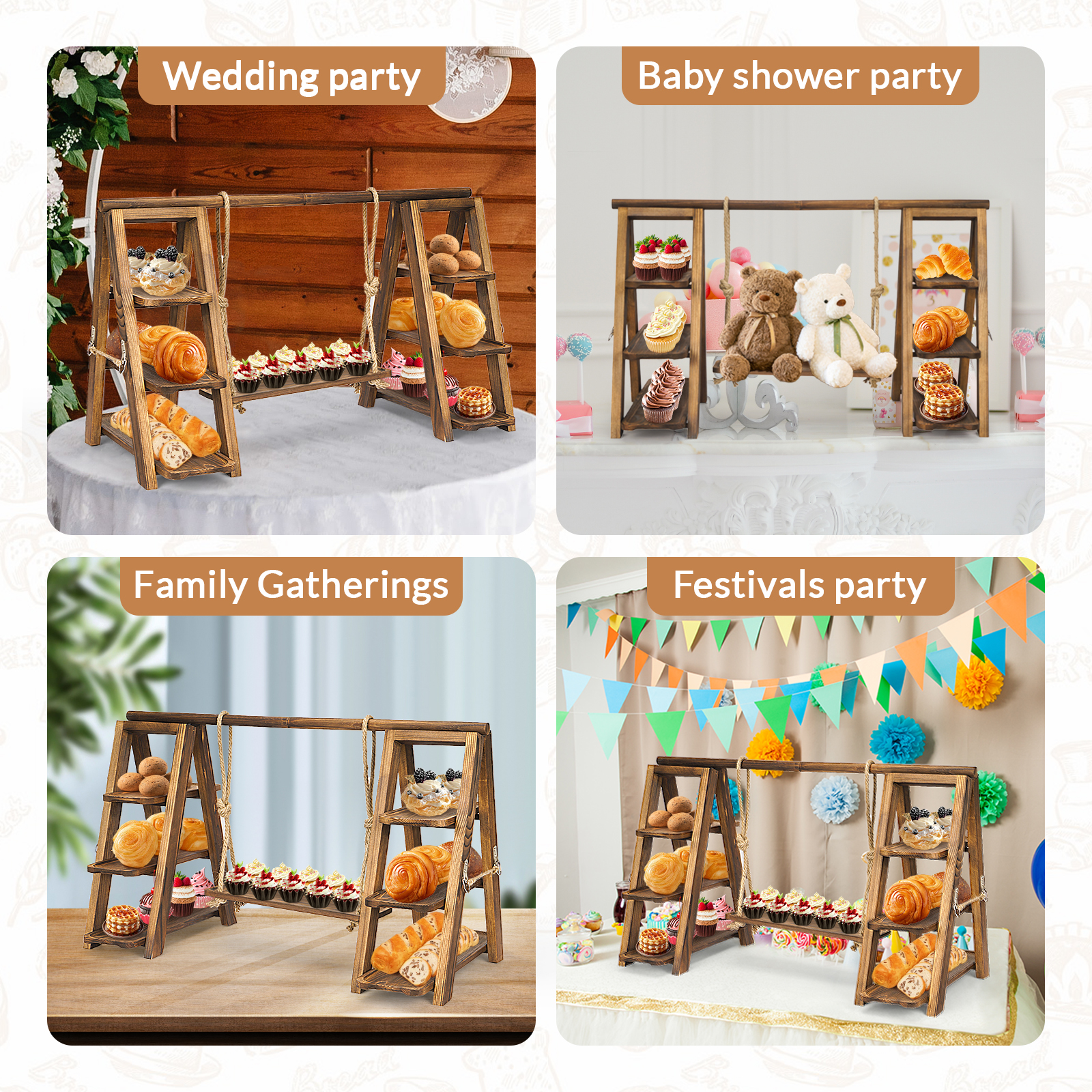 Gomok 3 Tier Serving Tray Wooden Cupcake Stand Rustic Foldable Dessert Table Display Set with Detachable Serving Platters