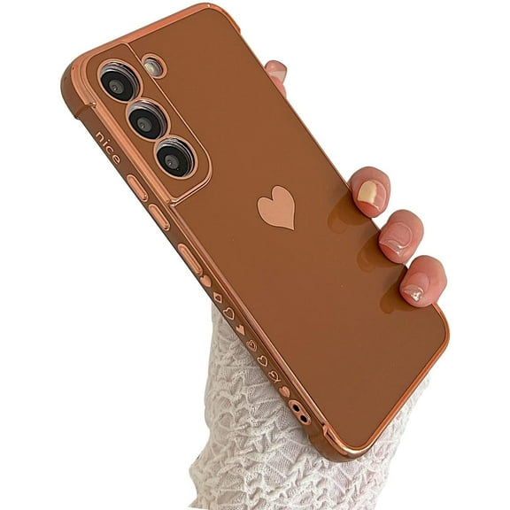 Compatible with Samsung Galaxy S21 FE 6.4β 5g Phone Case Luxury Plating Cute Love Heart Side Small Pattern Case Full Camera Protection Soft Silicone Shockproof Bumper Cover (Brown)