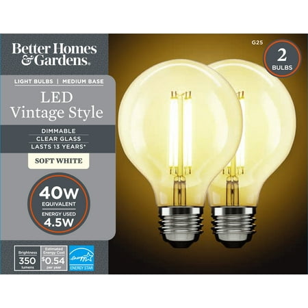 

Better Homes & Gardens LED Vintage Style Light Bulb G25 4.5 Watts Classic Filament CA