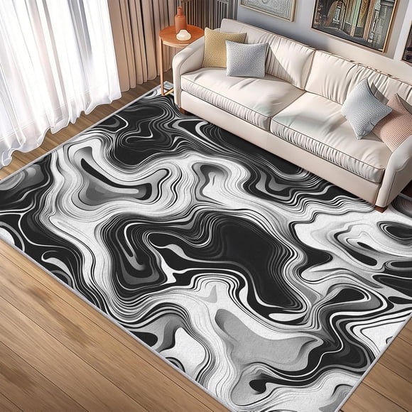 Marbled Area Rugs, Black White Abstract Swirl Pattern Carpet, Washable Non Slip Low Pile Soft Rug for Living Room Bedroom Decor Mat 3x5ft