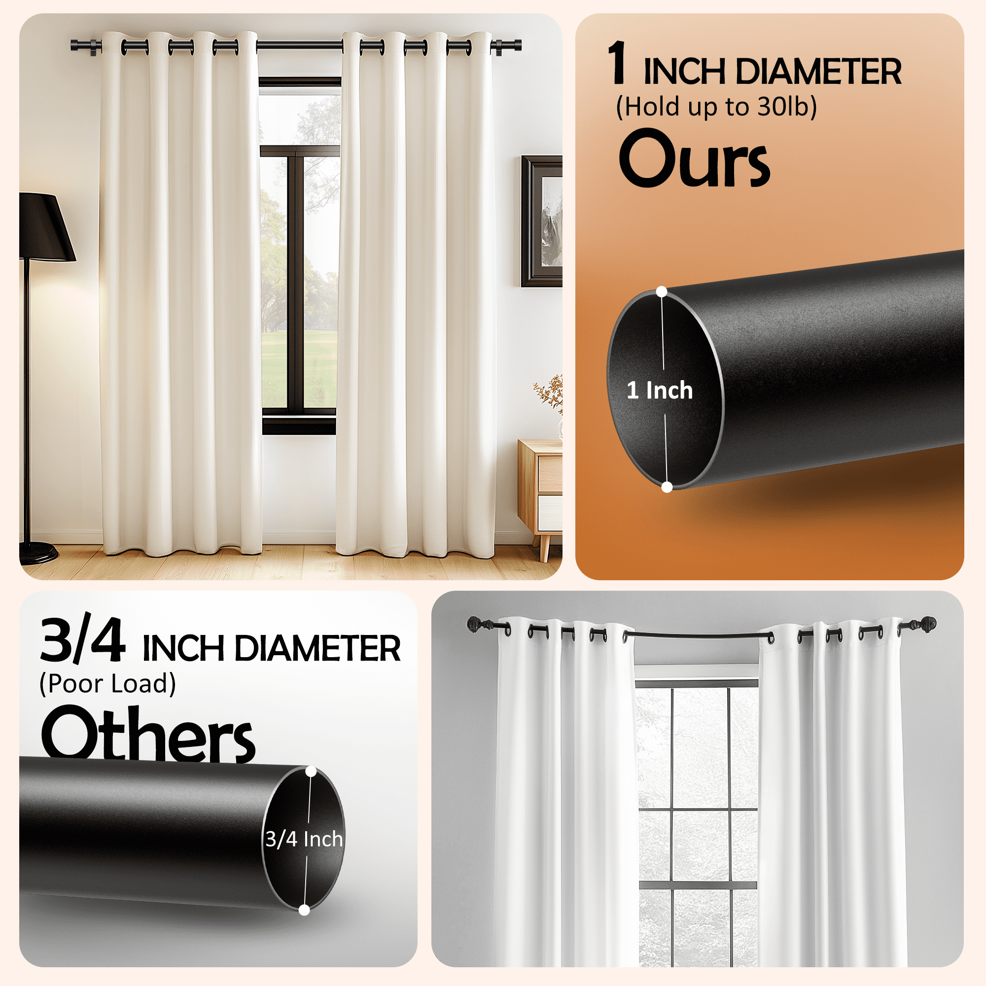 66"-120" Black Curtain Rods,1 inch Diameter Window Curtain Rod Set, Heavy Duty Curtain Rods with Aluminium Finials,Black
