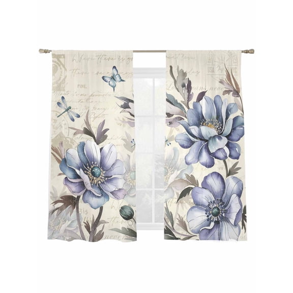 Purple Blue Flower Sheer Curtains 72 Inch Length 2 Panels Set, Semi Transparent Voile Rod Pocket Curtains for Living Dining Room Bedroom Drapes Farmhouse Botanical Floral Butterfly