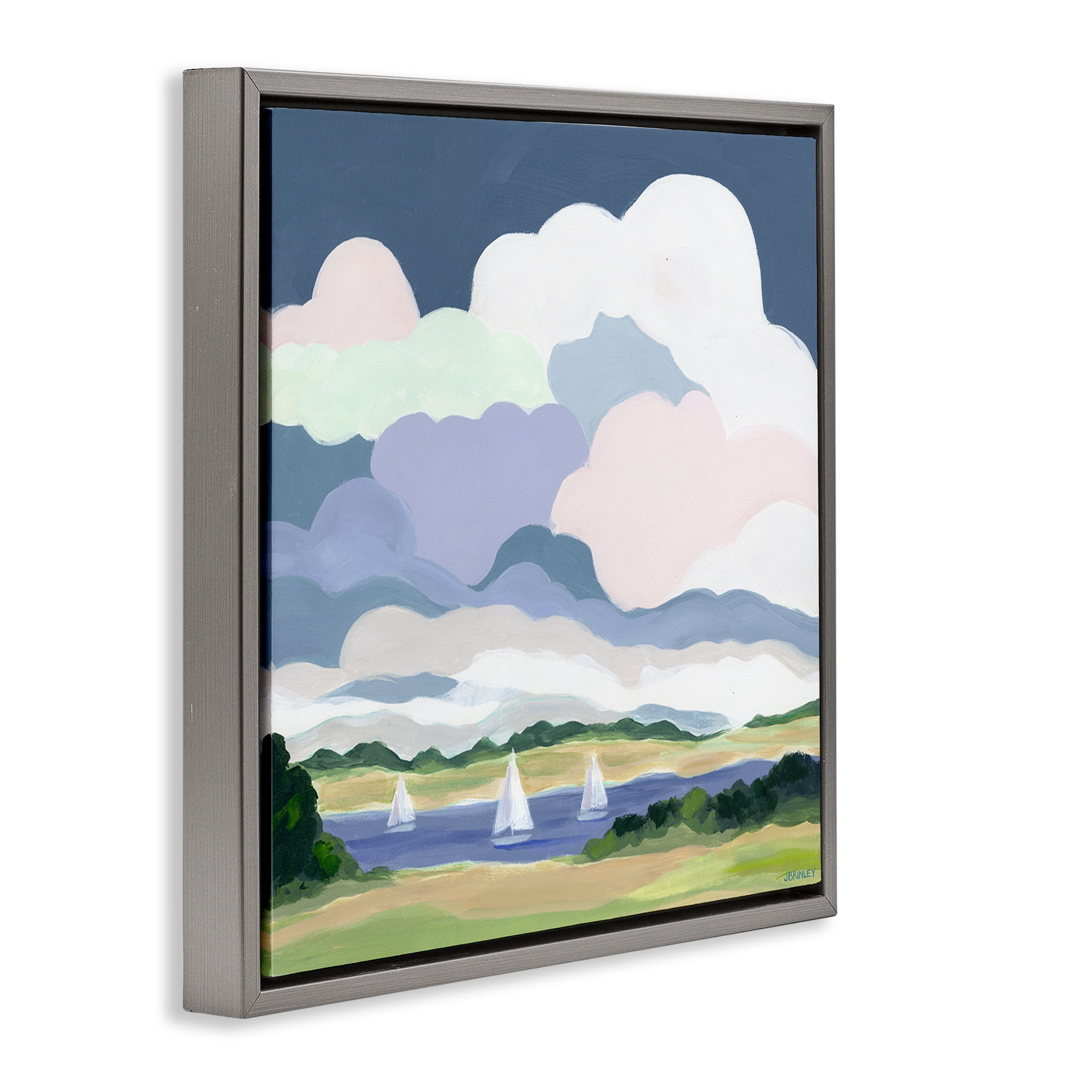 Stupell Industries Lake Sailboats with Clouds Landscape & Nature Painting Gray Floater Framed Canvas Art Print Wall Art, 25 x 25