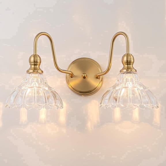 SineRise 2-Light Antique Brass Vanity Light, Vintage Metal Wall Sconce with Flower Glass Shade