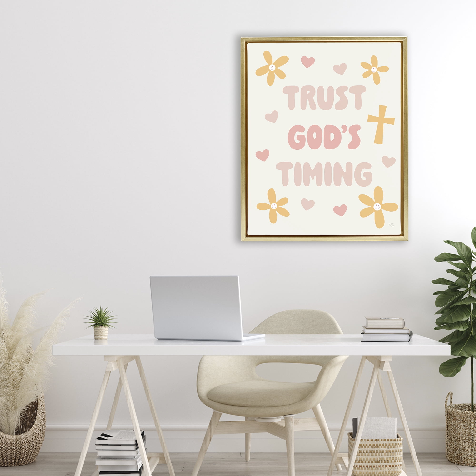 Stupell Industries Retro Trust God's Timing Gold Framed Floater Canvas Wall Art, design by Natalie Carpentieri