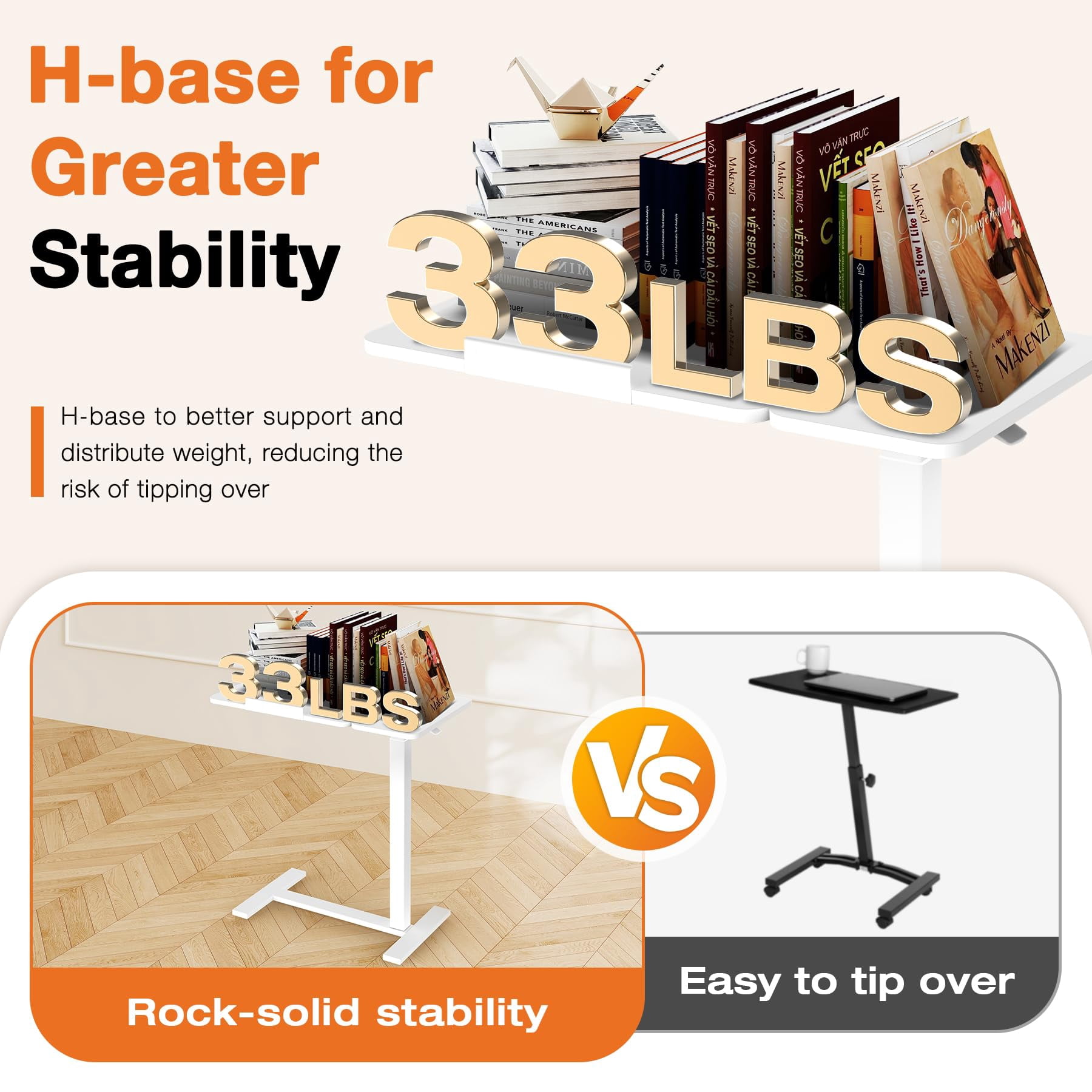 HomePerch Overbed Table with Wheels, Height Adjustable Rolling Laptop Desk for Bed or Sofa, Tilting Tray Table for Home Office, White Finish