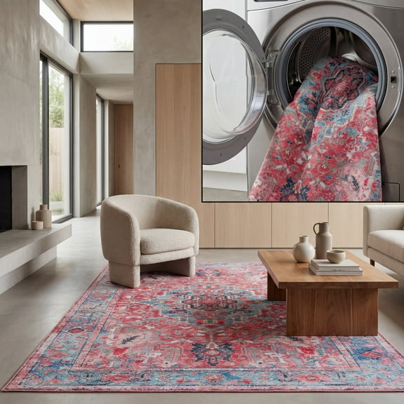 SAFAVIEH Serapi Mia Oriental Machine Washable Area Rug, Light Blue/Red, 8' x 10'