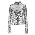 thumbnail image 3 of Women's T-Shirts Basic Tops Glitter Sequin Turtleneck Long Sleeve Slim Party Dressy Casual Clothes Silver, 3 of 3