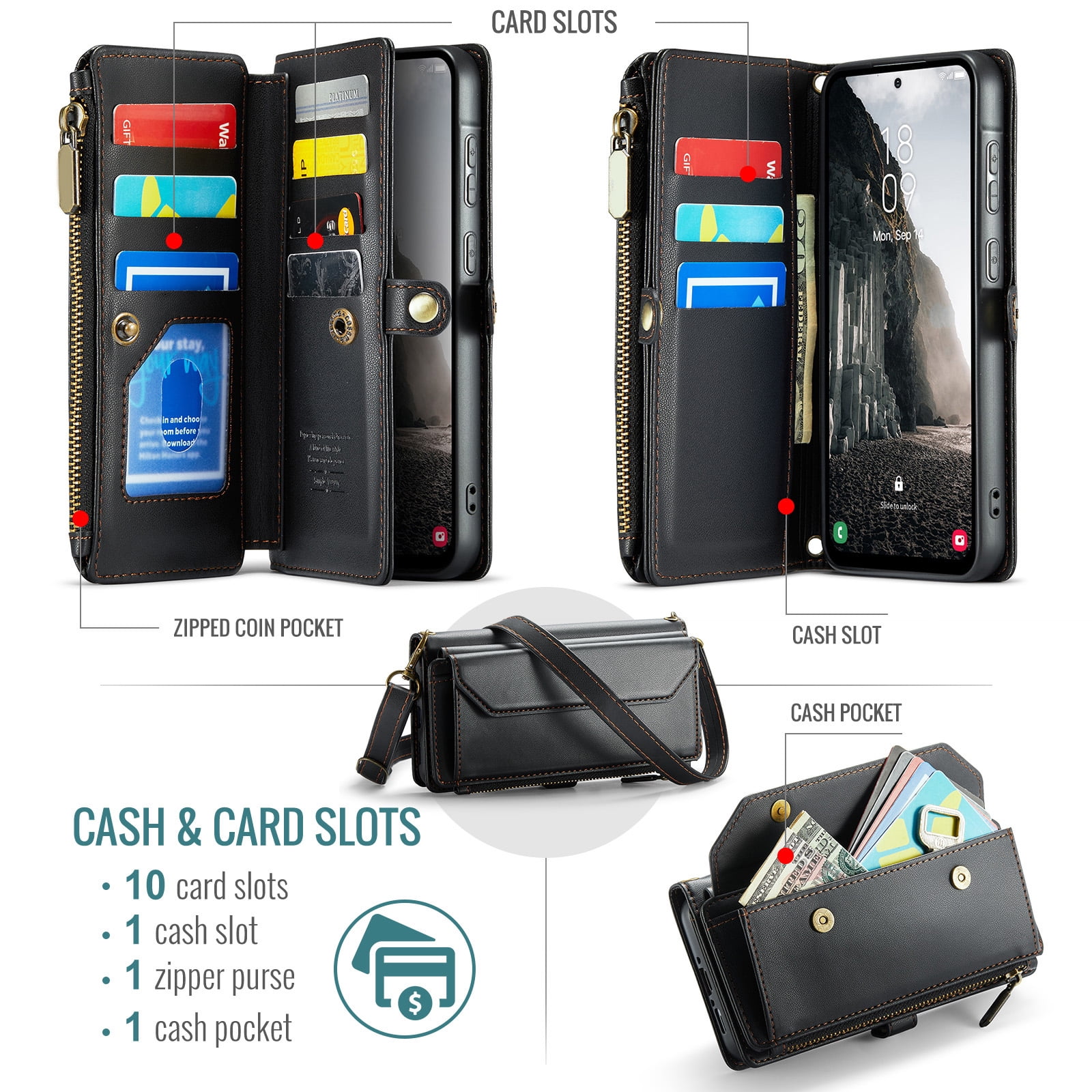 Asuwish Compatible with Samsung Galaxy A56 5G Zipper Wallet Phone Case Tempered Glass Screen Protector Crossbody Lanyard Strap Flip Card Holder Slot Cell Cover for A 56 56A LTE Women Girls Black