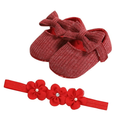 

Wiueurtly Girls Slip on Shoes Toddler Baby Girls Prewalker Flower Bowknot Princess Shoes+Headband Set
