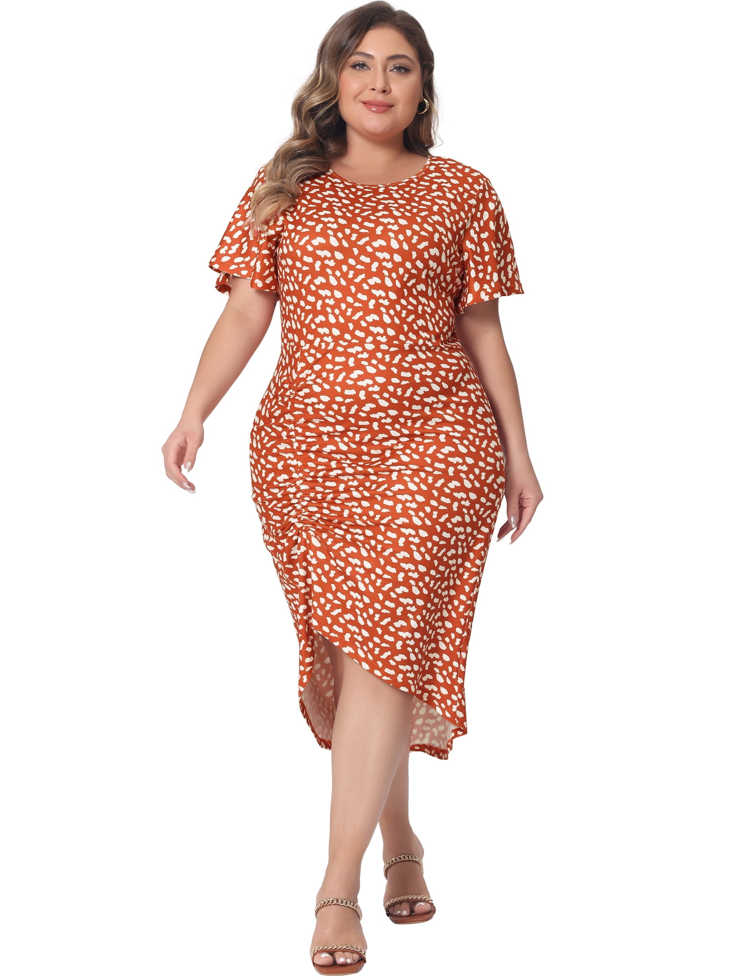 DARING DIVA Women's Plus Polka Dots and Ruched Round Necks Dress 4X Orange