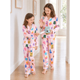 thumbnail image 3 of Beezizac Girls Silky Satin Pajama Faces Pink Comfy Long Sleeve & Pants Set Cute 2-Piece Winter Jammies Kid Size 14, 3 of 6