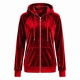 thumbnail image 4 of Karymi Zip‑Up Velvet Hooded Jackets for Women, Drawstring Hood Long Sleeve Casual Outerwear with Kangaroo Pocket, 4 of 7