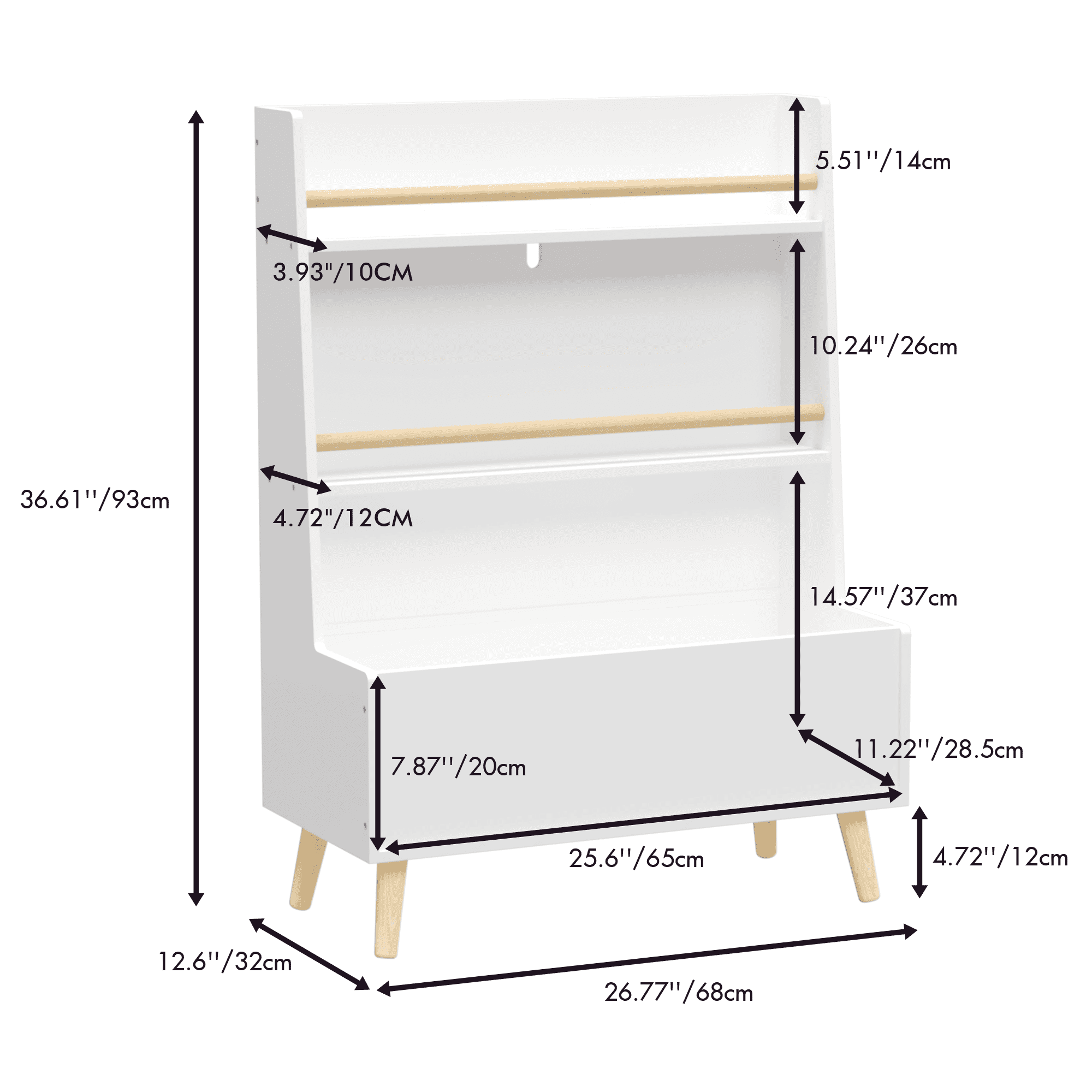White Kids Bookshelf with Toy Storage, 2-Tier Book Organizer & Magazine Rack 26.77"W x 12.6"D x 36.61"H