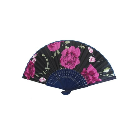 Summer Bamboo - Summer Blue Bamboo Frame Flower Printed Fabric Foldable Pocket Hand Fan Red