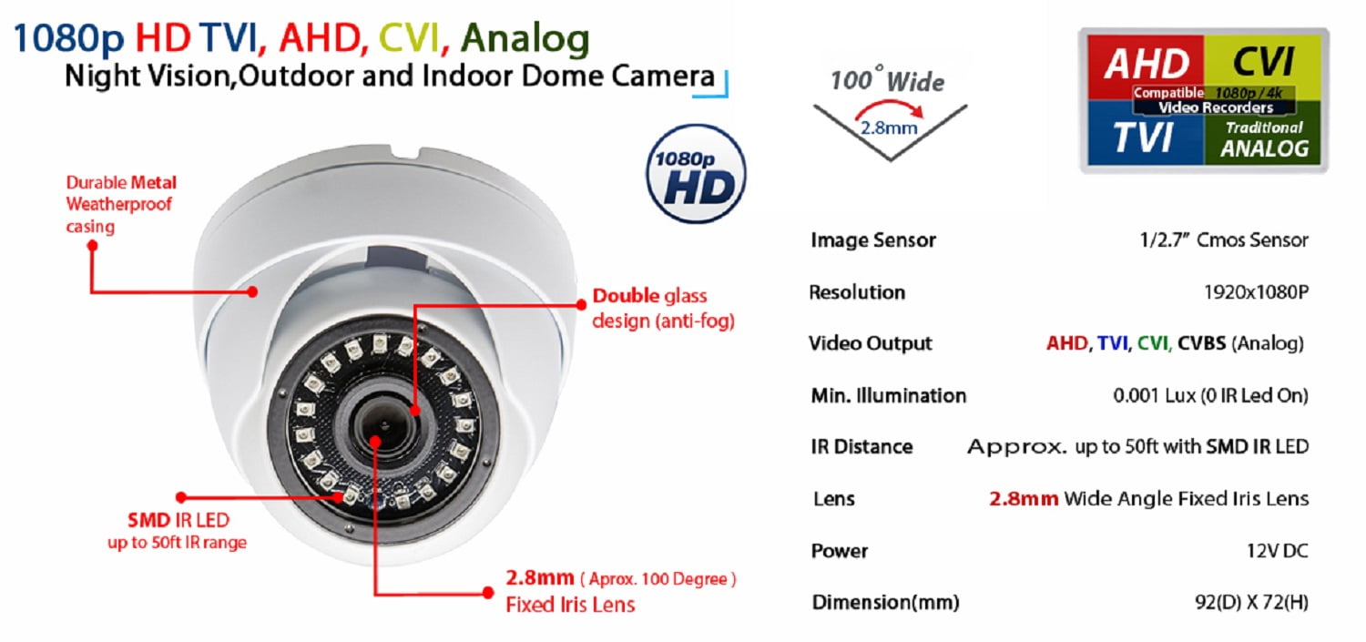 Evertech 4 Pcs 1080p HD AHD TVI CVI Analog Indoor Outdoor Dome Security Cameras with Wires and Power Supply