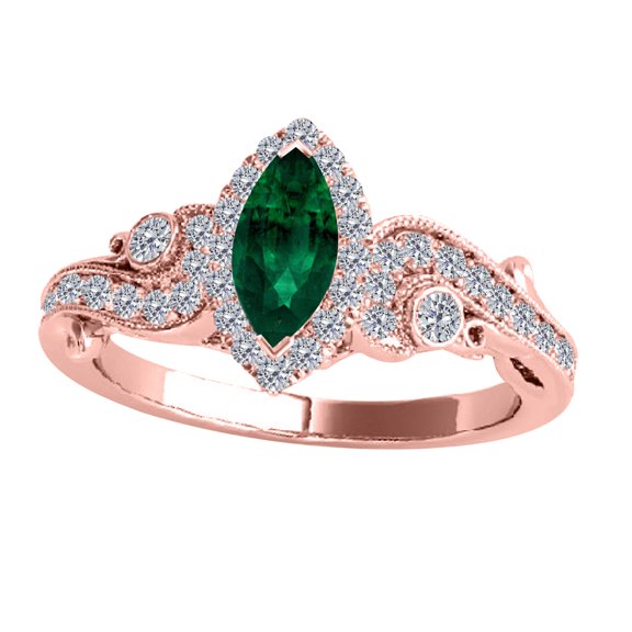 Mauli Jewels Engagement Rings for Women 3/4 Carat Emerald & White Diamond Gemstone Ring Prong-Setting 14K Solid Rose Gold