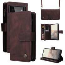 Feishell for Google Pixel 6 (6.4 inch) Zipper Wallet Case with Wrist Strap & Shoulder Strap,Premium PU Leather Magnetic Clasp Flip Holder Card Slots Crossbody Phone Case for Women Men,Brown