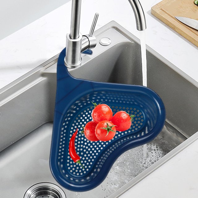 Escurridor para fregadero de cocina, escurridor de cisne, práctico escurridor triangular para frutas, fideos, ensaladas, verduras, colador, escurridor Azul
