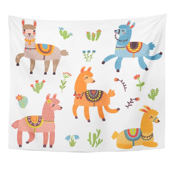 ZEALGNED Llama Characters Cute Lamas Alpaca Peru Cartoon Funny Wild Abstract Wall Art Hanging Tapestry Home Decor for Living Room Bedroom Dorm 51x60 inch