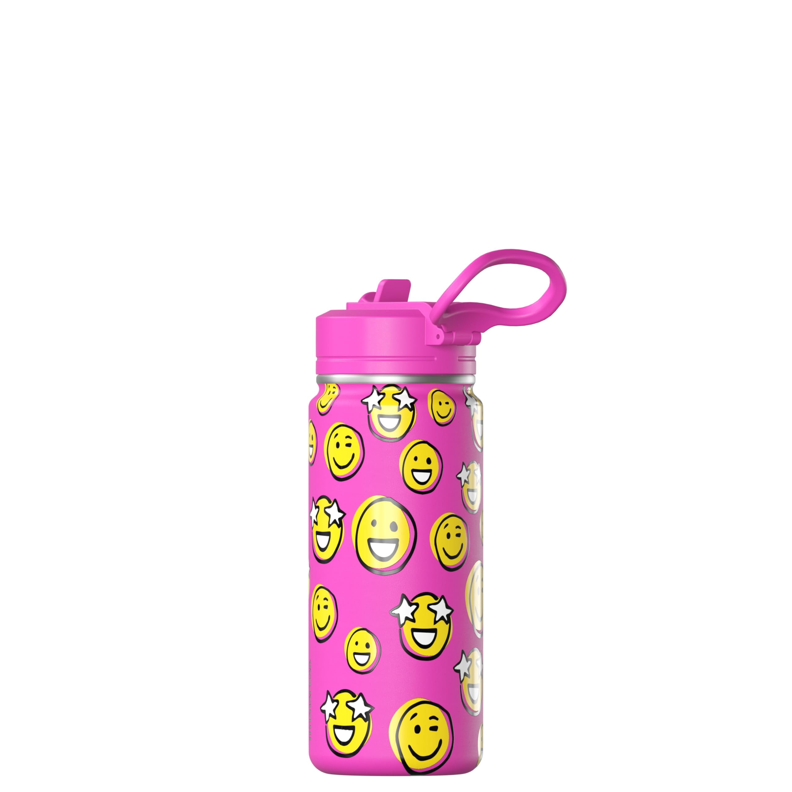 Hydrapeak Mini 20oz Fun Sticker Print Water Bottle with Straw Lid, Stainless Steel Double Wall Insulated Water Bottle, Leak-Proof and Spill-Proof Water Bottle, Smile Fuchsia