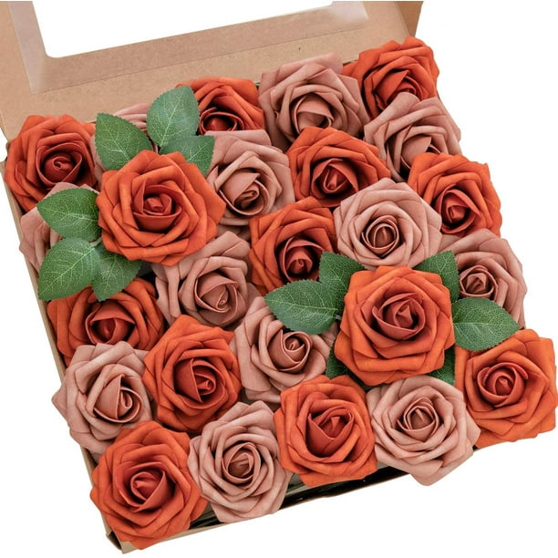 Artificial Flowers Burnt Orange & Warm Taupe Roses 25pcs Real Looking