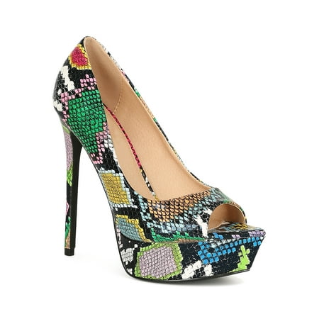 

Women Snake Pointy Peep Toe Platform Stiletto Heel Pump 19142