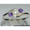 thumbnail image 3 of LBG British Made 18k White Gold Cultured Pearl & Amethyst Womens Trilogy Ring - 33 size options - Size 10.5, 3 of 7