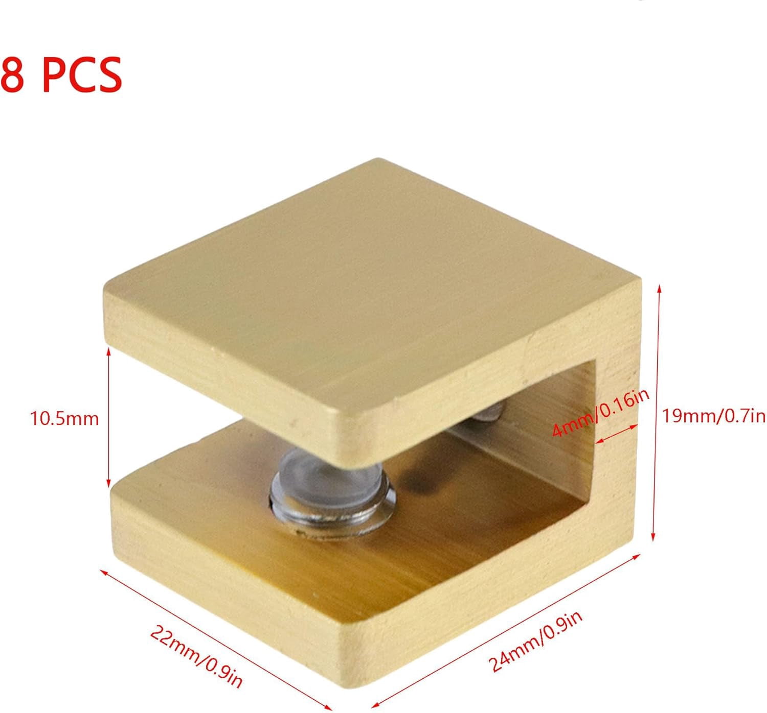 CATPAN 8pcs Brass Glass Clamp Shelf Clips U Clamp Shelf Bracket No-drill-on-glass Fixed Panel Clip Holder Adjustable Support Bracket for 0.32"-0.39"(8-10mm) Glass Gold