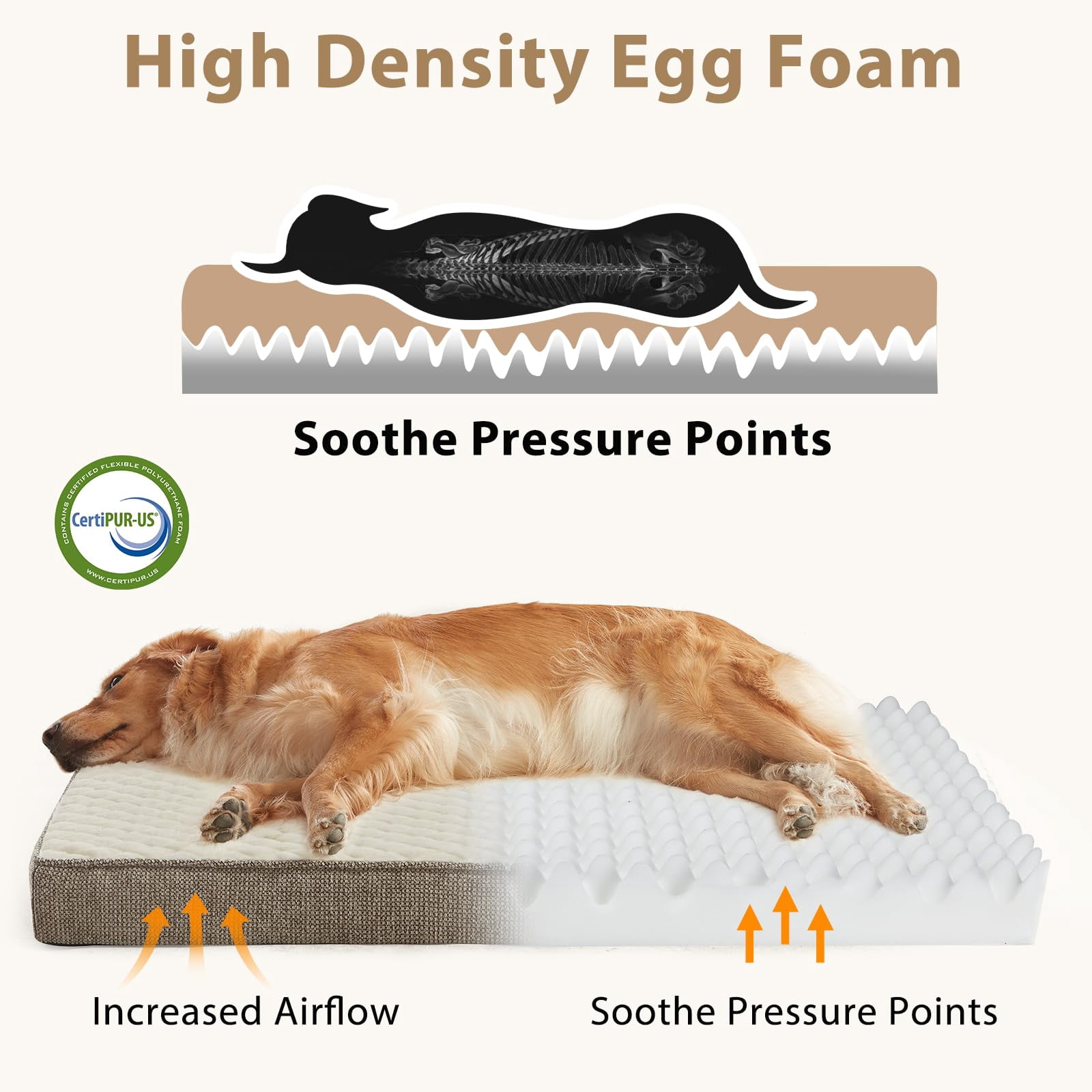 Orthopedic Dog Bed Beige-M(29"x18") Crate-Sized Egg Memory Foam Pet Bed
