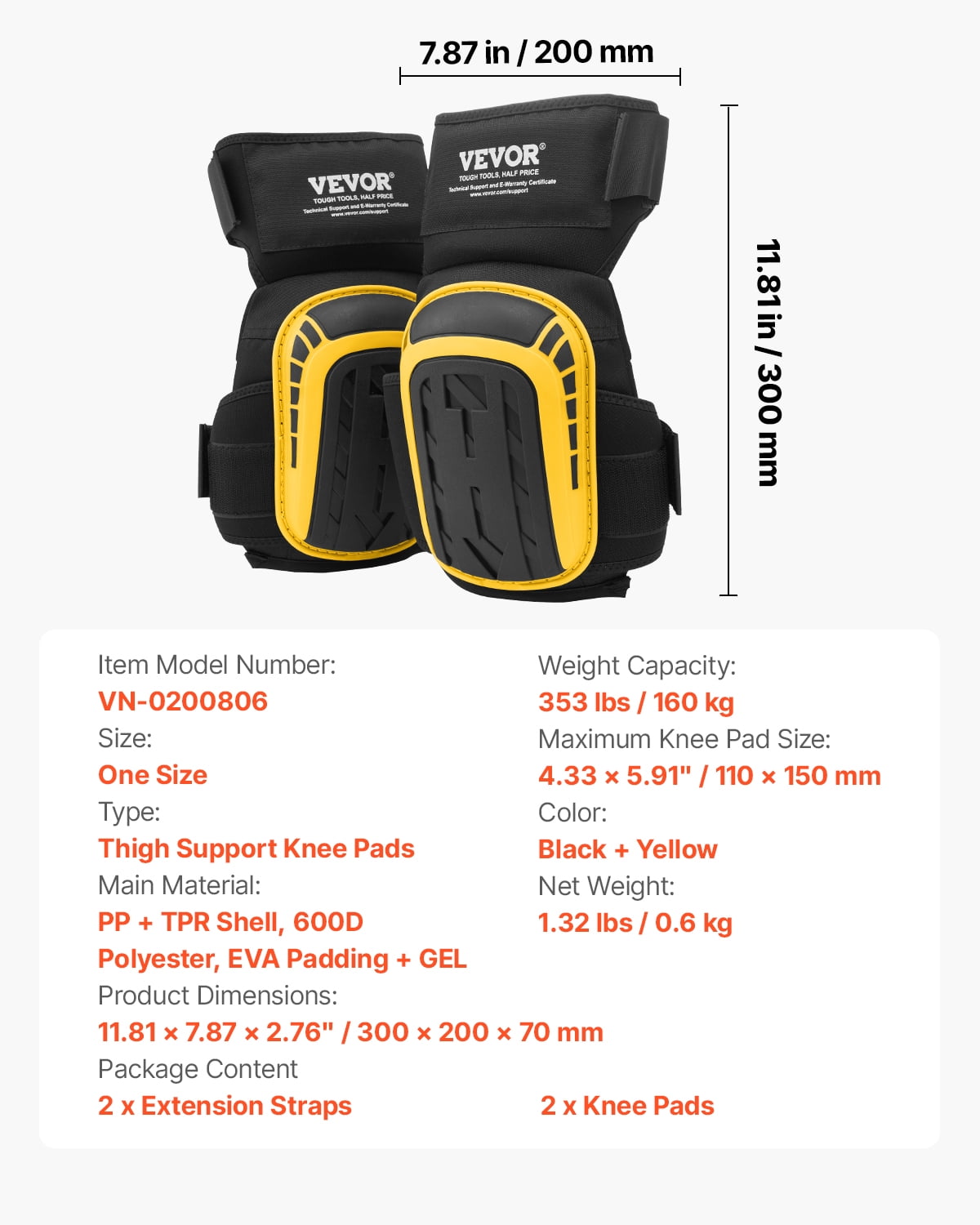 VEVOR Knee Pads for Work, Extended Heavy Duty Construction Knee Pads with 2 Extension Straps,Anti-slip Foam Gel Knee Pads, Men & Women, for Gardening Flooring Roofing and Cleaning,Yellow and Black