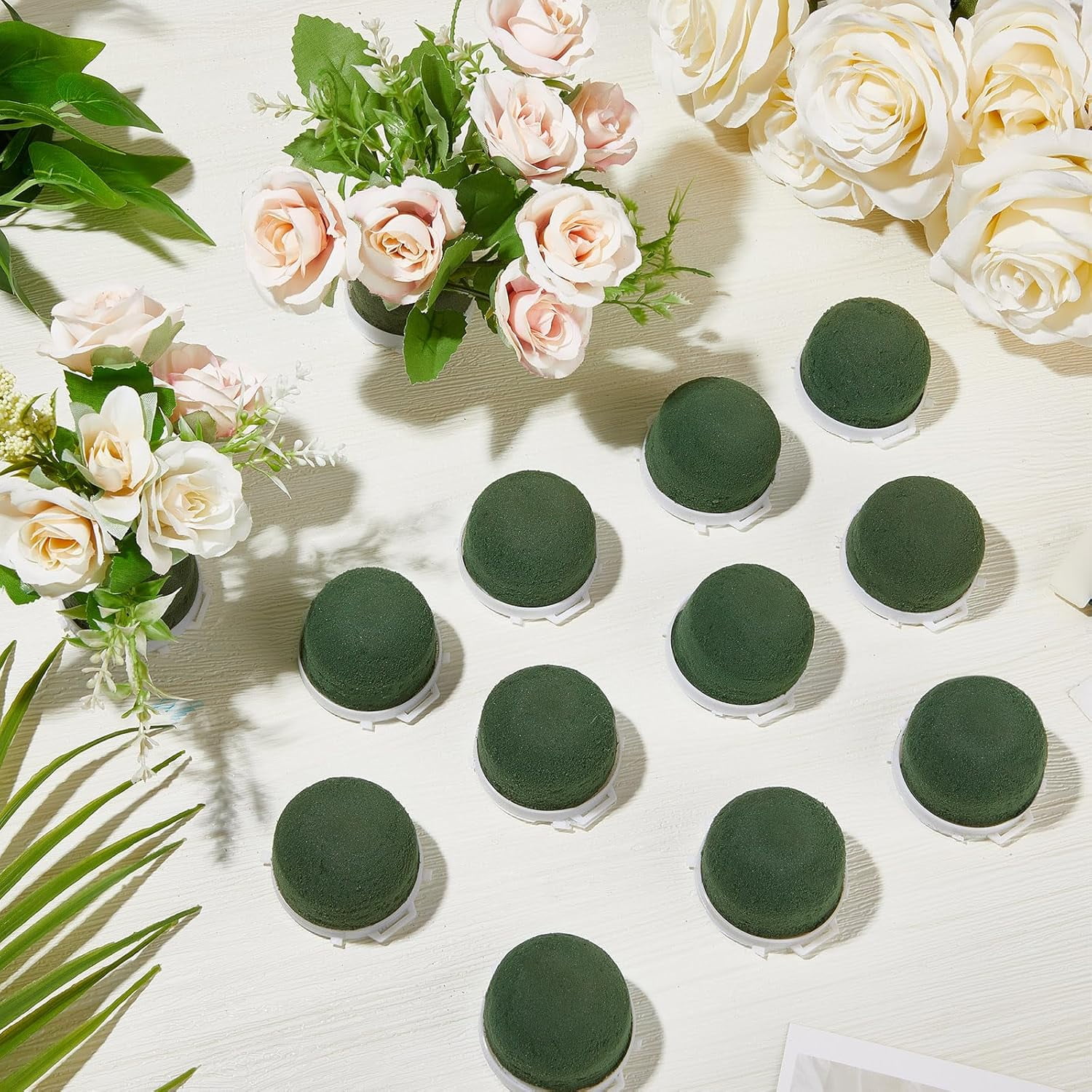 ABPETE 36 Pcs Mini Floral Foam Holder Round Floral Foam with Green Arrangement Wire Arrangement Supplies for Table Wedding Wine Bottle Decor