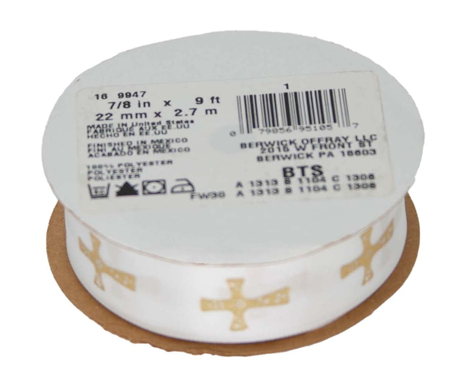 Offray Ribbon, White with Gold Cross 7/8 inch Polyester Ribbon,, 9 feet