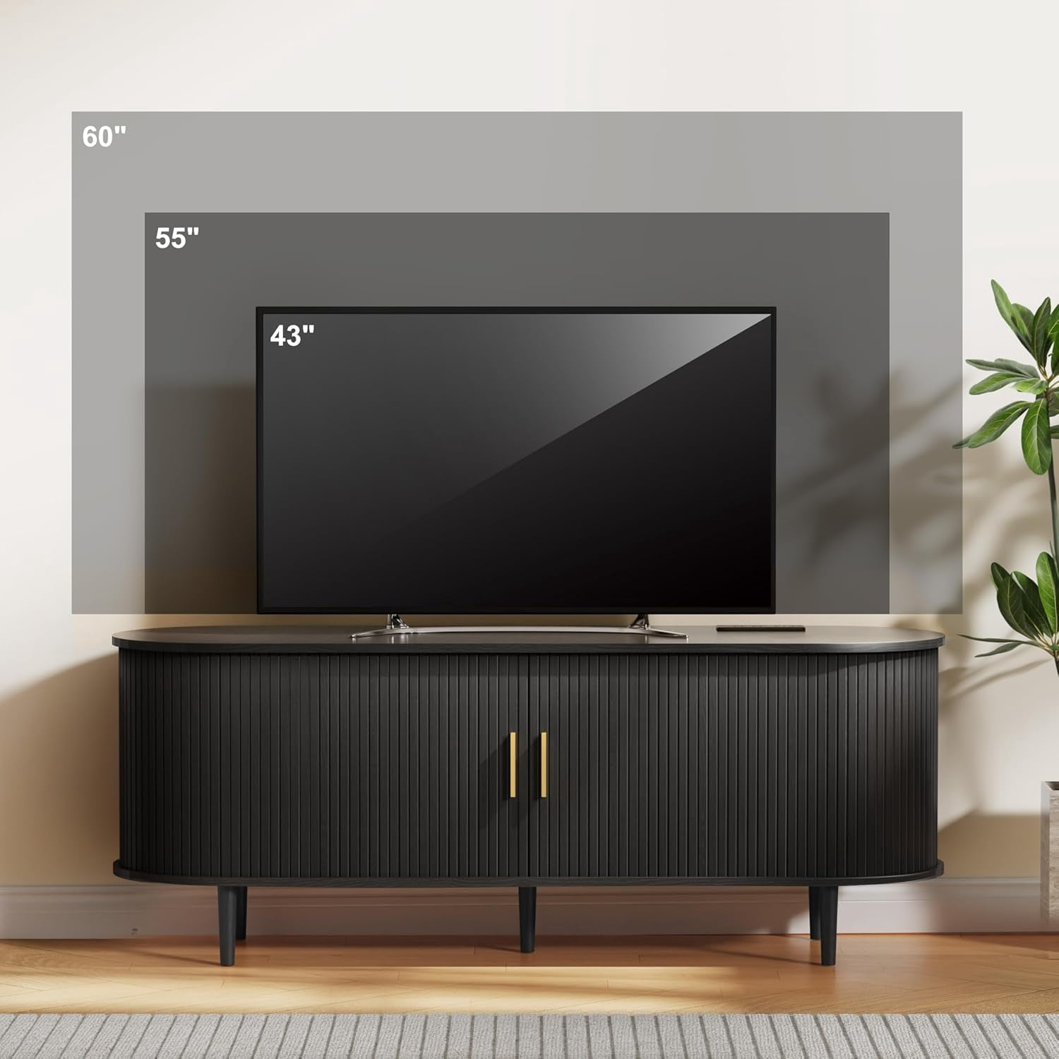55 Inch Mid-Century Modern TV Stand with Power Outlet for TVs up to 60 Inches, Entertainment Center with Sliding Doors, Adjustable Shelves and Storage, Media Console for Living Room, Black