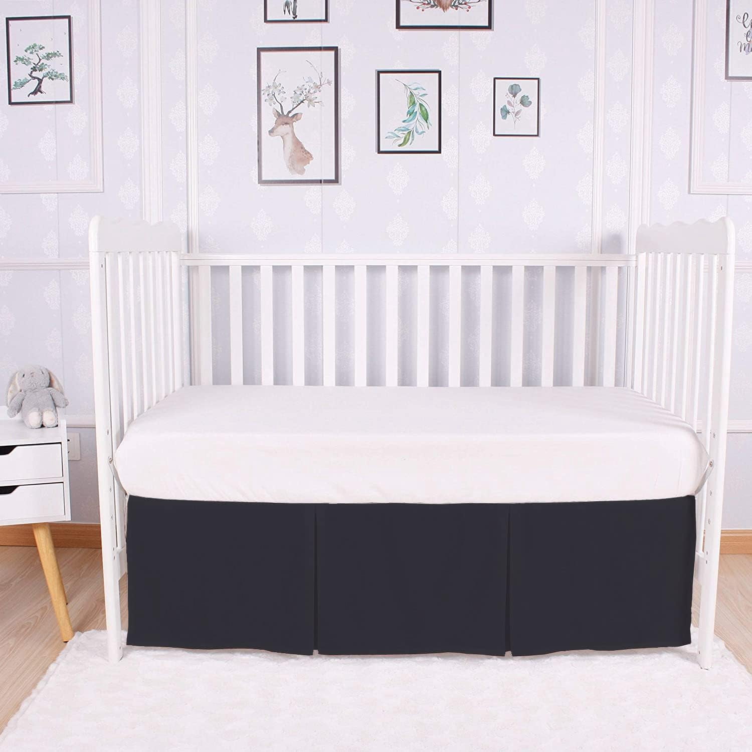 1 Piece Crib Pleated 100% Egyptian Cotton 800 Thread Count Bedskirt for Baby Boys Girls Crib Pleated Toddler (28” x 52” x 14’’) Bed Skirt - Black Solid