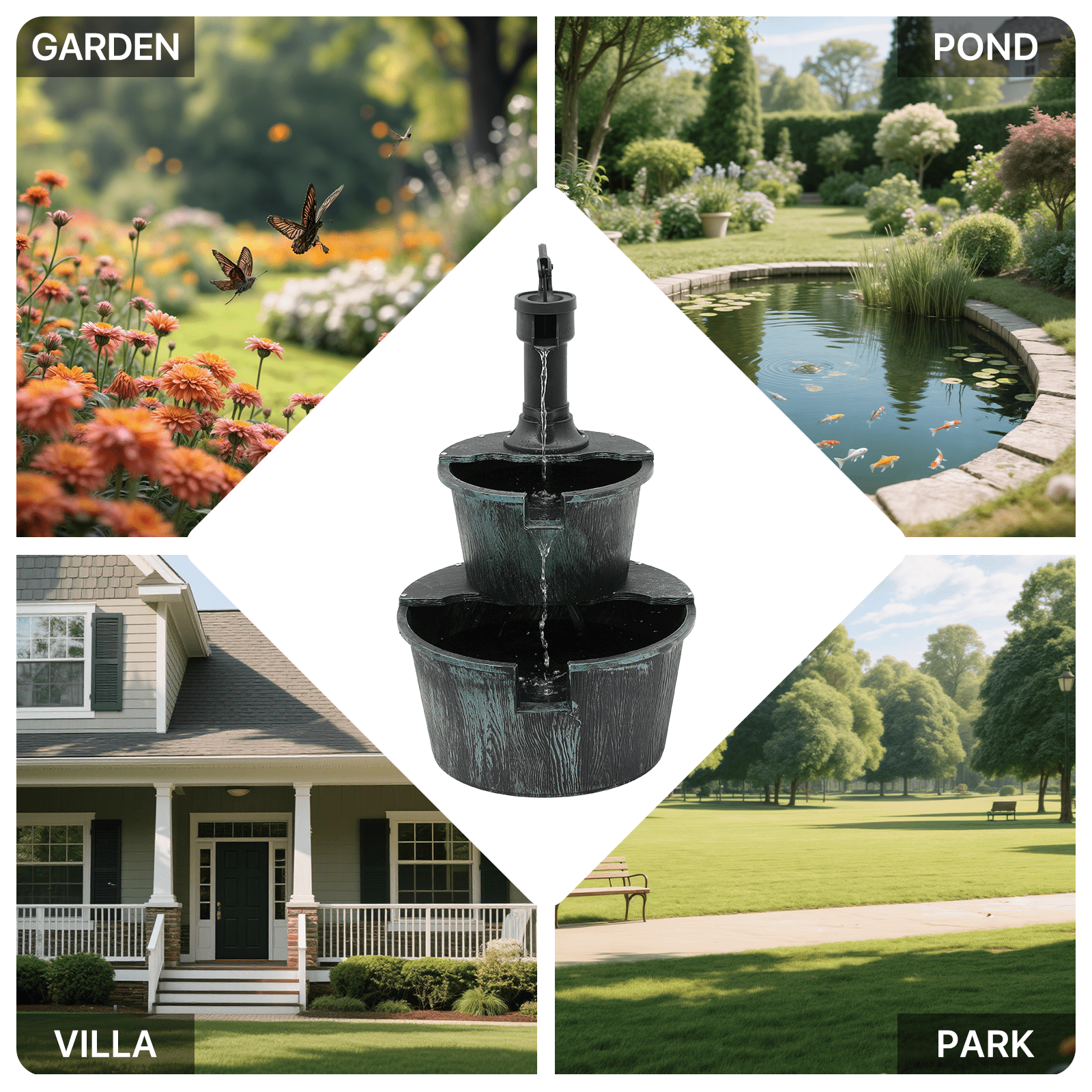 OSM Outdoor Water Fountain, 27" Tall 2-Tier Barrel Design with Waterfall and Electric Pump, Freestanding Water Feature for Garden, Patio, Backyard, Porch, 11 L Capacity, Dark Green