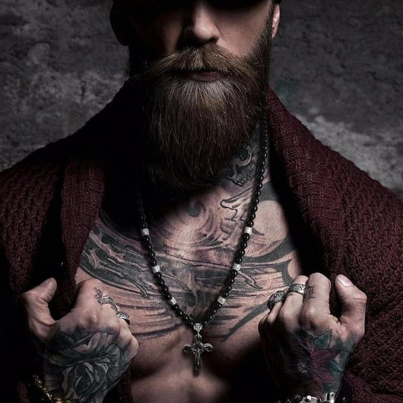 MEN BLACK CARNELIAN STONE ROSARY BEAD NECKLACE CROSS CRUCIFIX CATHOLIC 14K White Gold MALE JEWELRY